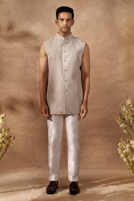 Arihant Rai Sinha_Grey Silk, Dupion Embroidery Floral Pattern Sherwani Set _at_Aza_Fashions