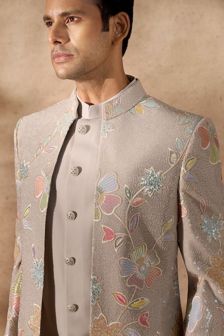 Buy_Arihant Rai Sinha_Grey Silk, Dupion Embroidery Floral Pattern Sherwani Set 
