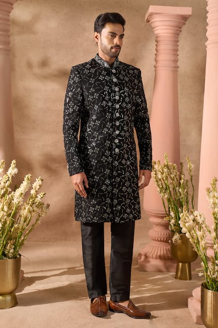 Arihant Rai Sinha Black Silk Embroidery Sherwani And Pant Set at Aza Fashions Arihant Rai Sinha_Black Silk Embroidery Sherwani And Pant Set _at_Aza_Fashions