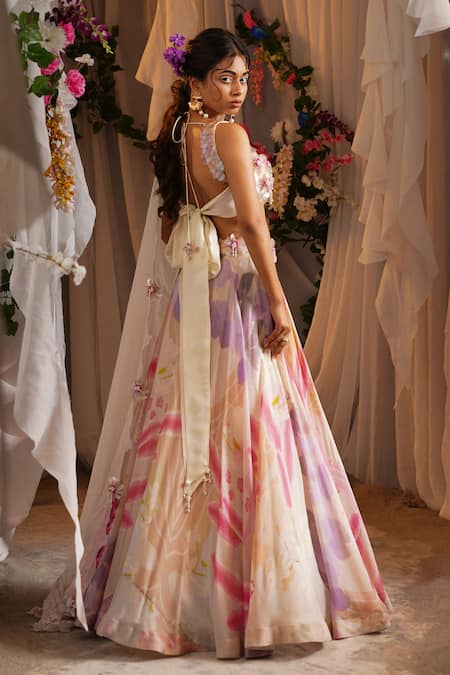 Buy_Shwetanga_Multi Color Cotton, Organza Sequins, Fabric Flowers Printed Lehenga Set 