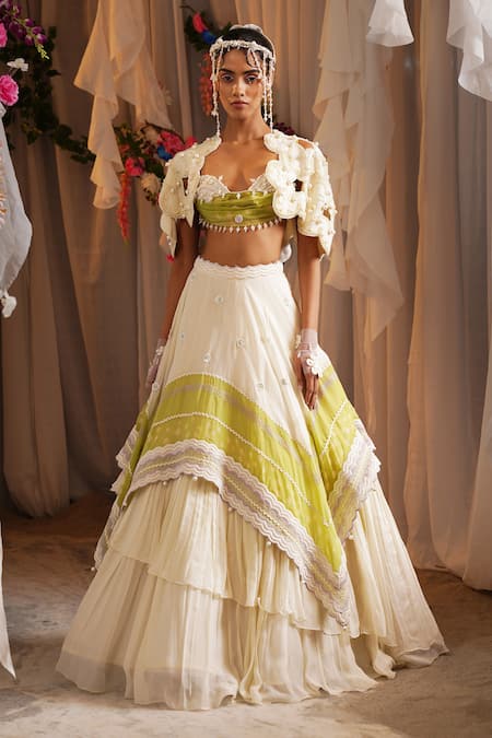 Buy_Shwetanga_Ivory Organza, Crepe Fabric Flowers, Pearls, Tassels Two Tone Lehenga Cape Set _Online_at_Aza_Fashions