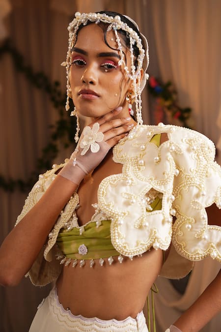 Shop_Shwetanga_Ivory Organza, Crepe Fabric Flowers, Pearls, Tassels Two Tone Lehenga Cape Set _Online_at_Aza_Fashions