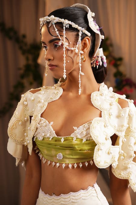 Shop_Shwetanga_Ivory Organza, Crepe Fabric Flowers, Pearls, Tassels Two Tone Lehenga Cape Set 