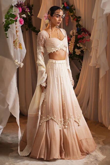 Shop_Shwetanga_Ivory Cotton, Organza Pearls, Beads, Tassels Sweetheart Embroidered Lehenga Set _Online_at_Aza_Fashions