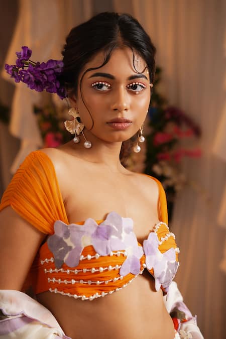 Shwetanga_Ivory Cotton, Organza Fabric Flowers, Applique Embroidered Lehenga Set _Online_at_Aza_Fashions