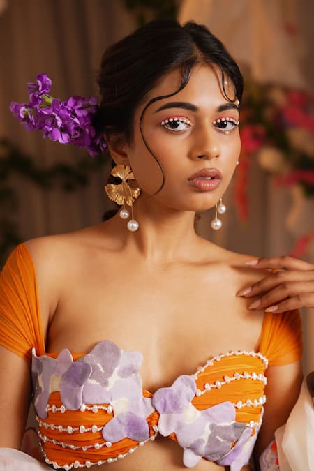 Shop_Shwetanga_Ivory Cotton, Organza Fabric Flowers, Applique Embroidered Lehenga Set _Online_at_Aza_Fashions