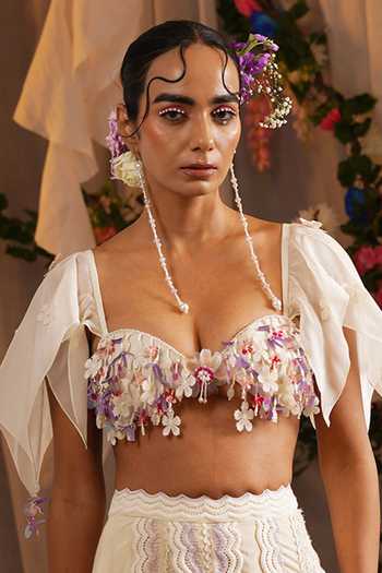 Shwetanga Ivory Cotton, Organza Beads, Pearls, Floral Embroidered Lehenga And Bustier Set Online at Aza Fashions Shwetanga_Ivory Cotton, Organza Beads, Pearls, Floral Embroidered Lehenga And Bustier Set _Online_at_Aza_Fashions