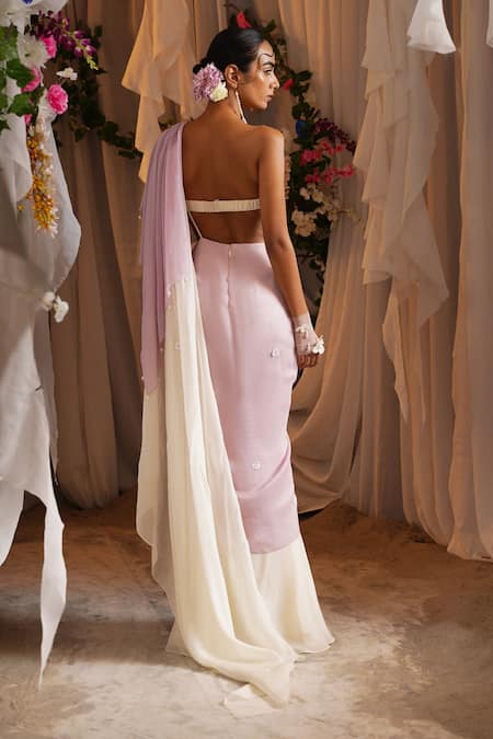 Shwetanga Pre-Draped Organza Saree With Floral Bustier 