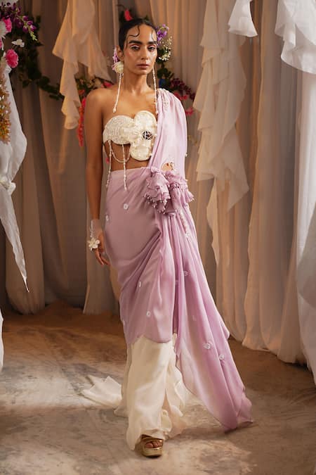 Shwetanga Pre-Draped Organza Saree With Floral Bustier 