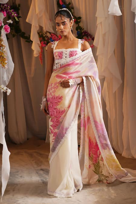 Shwetanga Floral Print Saree With Blouse 