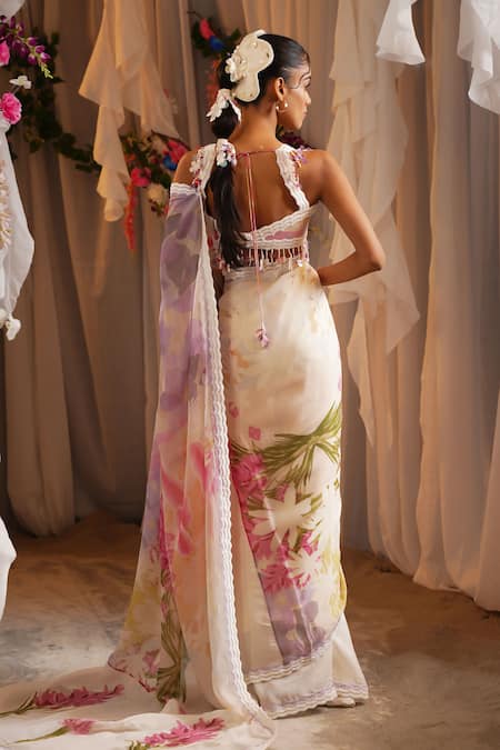 Shwetanga Floral Print Saree With Blouse 