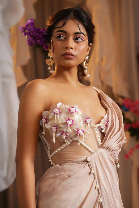 Shwetanga_Pink Cotton, Organza Pearls, Applique, Fabric Flowers Floral Work Saree Gown _Online_at_Aza_Fashions