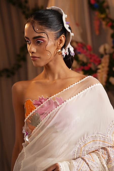 Shwetanga_Multi Color Cotton, Organza Fabric Concept Pre-draped Saree And Bustier Set _Online_at_Aza_Fashions