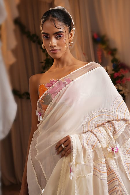 Shop_Shwetanga_Multi Color Cotton, Organza Fabric Concept Pre-draped Saree And Bustier Set _Online_at_Aza_Fashions