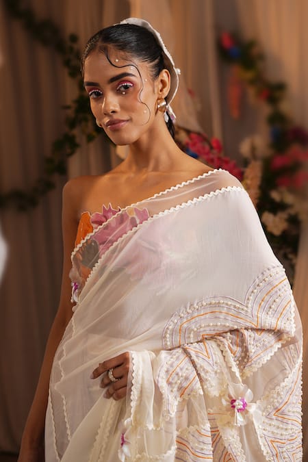 Shwetanga_Multi Color Cotton, Organza Fabric Concept Pre-draped Saree And Bustier Set _at_Aza_Fashions