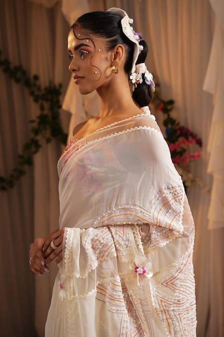 Buy_Shwetanga_Multi Color Cotton, Organza Fabric Concept Pre-draped Saree And Bustier Set 