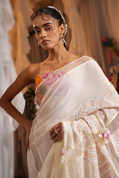 Shop_Shwetanga_Multi Color Cotton, Organza Fabric Concept Pre-draped Saree And Bustier Set 