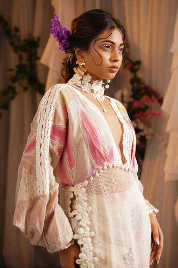 Shop_Shwetanga_Ivory Cotton, Mesh Lace, Applique, Fabric Flowers Floral Print Kaftan And Pant Set _Online_at_Aza_Fashions