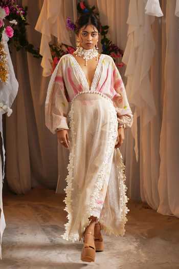 Shwetanga_Ivory Cotton, Mesh Lace, Applique, Fabric Flowers Floral Print Kaftan And Pant Set _at_Aza_Fashions