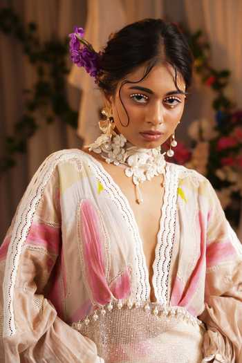 Buy_Shwetanga_Ivory Cotton, Mesh Lace, Applique, Fabric Flowers Floral Print Kaftan And Pant Set 