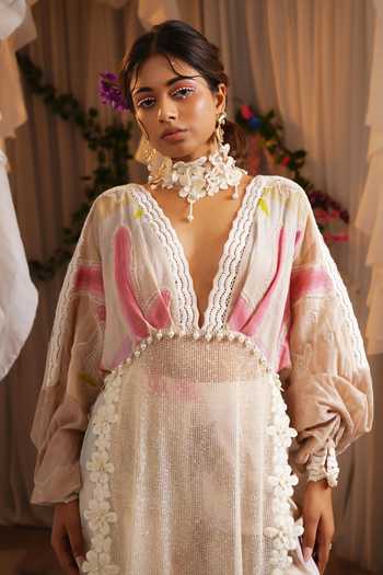Shop_Shwetanga_Ivory Cotton, Mesh Lace, Applique, Fabric Flowers Floral Print Kaftan And Pant Set 