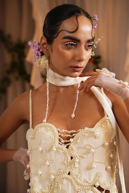 Shwetanga_Ivory Cotton, Organza Beads, Pearls, Fringe Sweetheart Work Tunic Sharara Set _Online_at_Aza_Fashions