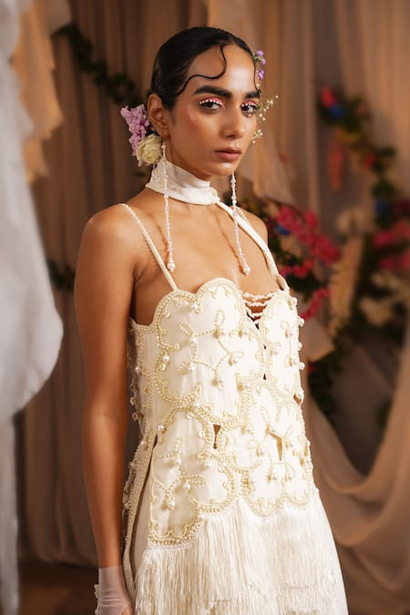 Shop_Shwetanga_Ivory Cotton, Organza Beads, Pearls, Fringe Sweetheart Work Tunic Sharara Set _Online_at_Aza_Fashions