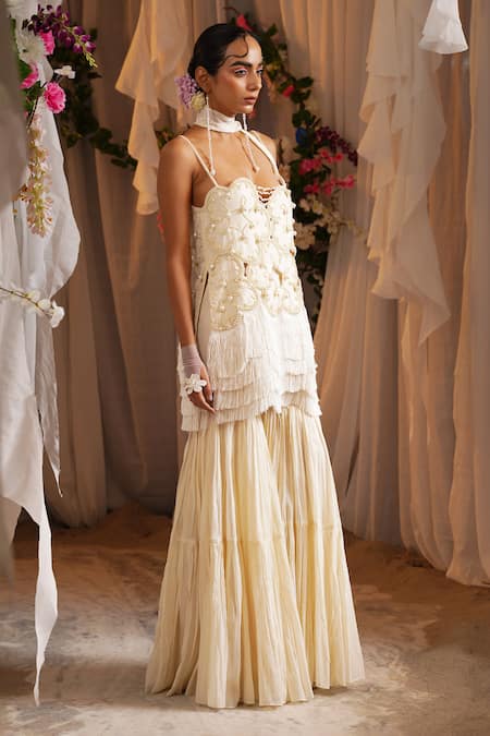 Shwetanga_Ivory Cotton, Organza Beads, Pearls, Fringe Sweetheart Work Tunic Sharara Set _at_Aza_Fashions