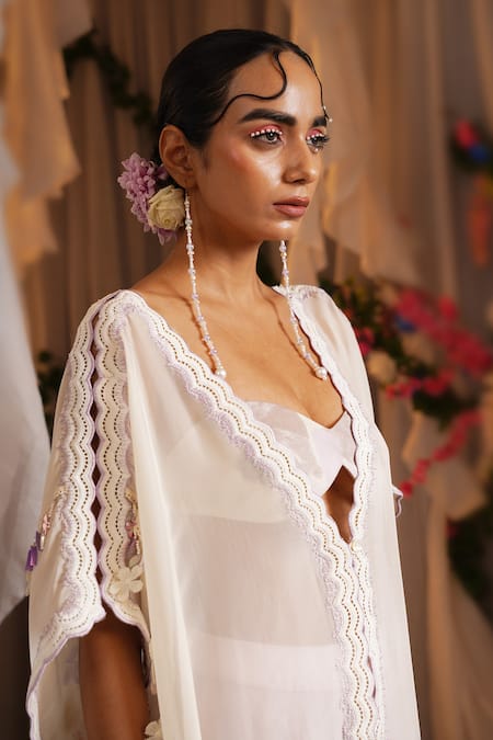 Buy_Shwetanga_Ivory Cotton, Organza Lace, Fabric Flowers Open Embroidered Kaftan Sharara Set _Online_at_Aza_Fashions