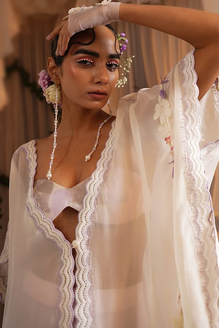 Shop_Shwetanga_Ivory Cotton, Organza Lace, Fabric Flowers Open Embroidered Kaftan Sharara Set _Online_at_Aza_Fashions