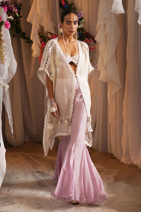 Shwetanga_Ivory Cotton, Organza Lace, Fabric Flowers Open Embroidered Kaftan Sharara Set _at_Aza_Fashions