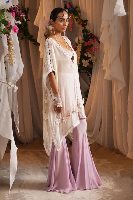 Buy_Shwetanga_Ivory Cotton, Organza Lace, Fabric Flowers Open Embroidered Kaftan Sharara Set 