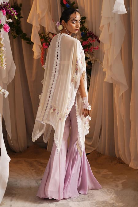 Shop_Shwetanga_Ivory Cotton, Organza Lace, Fabric Flowers Open Embroidered Kaftan Sharara Set 