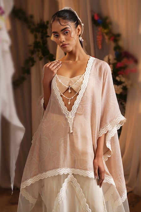 Buy_Shwetanga_Pink Cotton, Organza Lace Plunge Neck, Sweetheart Sheer Kaftan Flared Pant Set _Online_at_Aza_Fashions