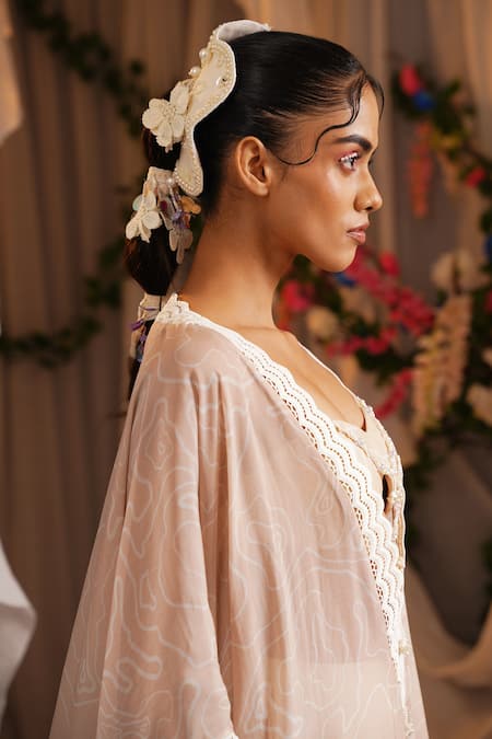 Shop_Shwetanga_Pink Cotton, Organza Lace Plunge Neck, Sweetheart Sheer Kaftan Flared Pant Set _Online_at_Aza_Fashions