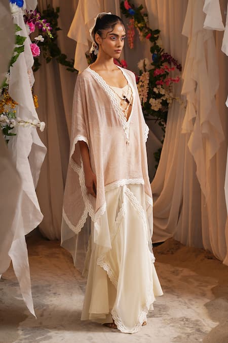 Shwetanga_Pink Cotton, Organza Lace Plunge Neck, Sweetheart Sheer Kaftan Flared Pant Set _at_Aza_Fashions