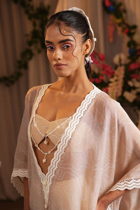Buy_Shwetanga_Pink Cotton, Organza Lace Plunge Neck, Sweetheart Sheer Kaftan Flared Pant Set 
