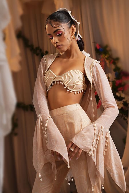 Shwetanga_Ivory Cotton, Organza Pearls, Beads Sweetheart Neck Embroidered Cape Sharara Set _Online_at_Aza_Fashions