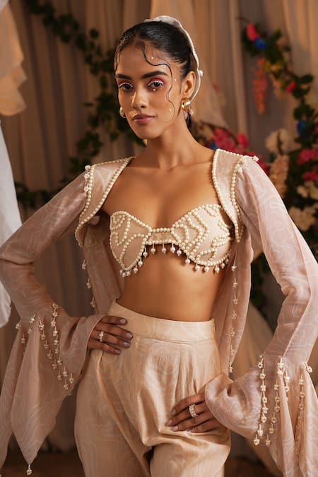 Shwetanga_Ivory Cotton, Organza Pearls, Beads Sweetheart Neck Embroidered Cape Sharara Set _at_Aza_Fashions