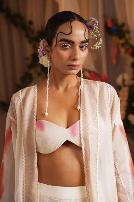 Shwetanga_Ivory Cotton, Organza Open , Sweetheart Printed Jacket Set _Online_at_Aza_Fashions