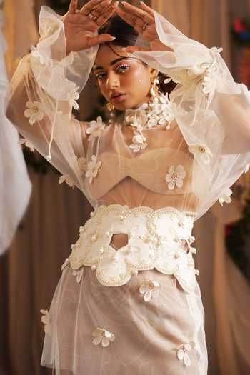 Shwetanga_Ivory Cotton, Tulle Beads, Pearls, Applique Choker Neck, Dress And Skirt Set _Online_at_Aza_Fashions