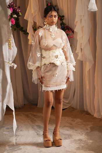 Buy_Shwetanga_Ivory Cotton, Tulle Beads, Pearls, Applique Choker Neck, Dress And Skirt Set _Online_at_Aza_Fashions