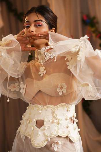 Shop_Shwetanga_Ivory Cotton, Tulle Beads, Pearls, Applique Choker Neck, Dress And Skirt Set _Online_at_Aza_Fashions