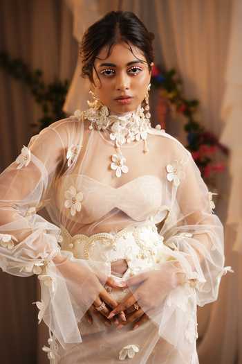 Shwetanga_Ivory Cotton, Tulle Beads, Pearls, Applique Choker Neck, Dress And Skirt Set _at_Aza_Fashions