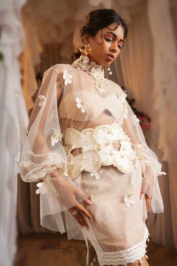 Buy_Shwetanga_Ivory Cotton, Tulle Beads, Pearls, Applique Choker Neck, Dress And Skirt Set 