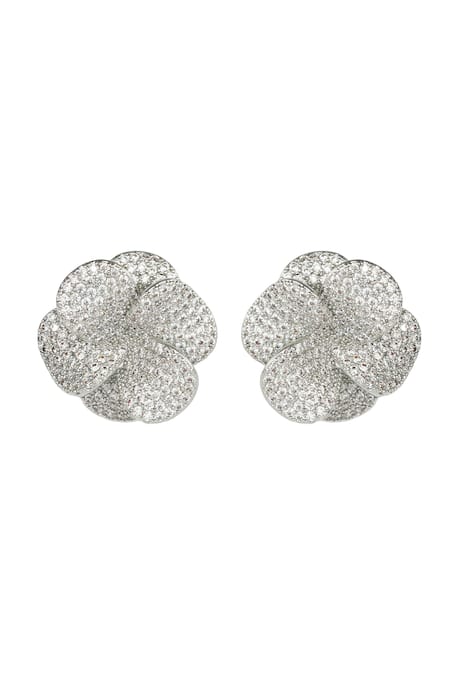 Prihan Luxury Jewelry Floral Pave Silver Plated Stud Earrings 