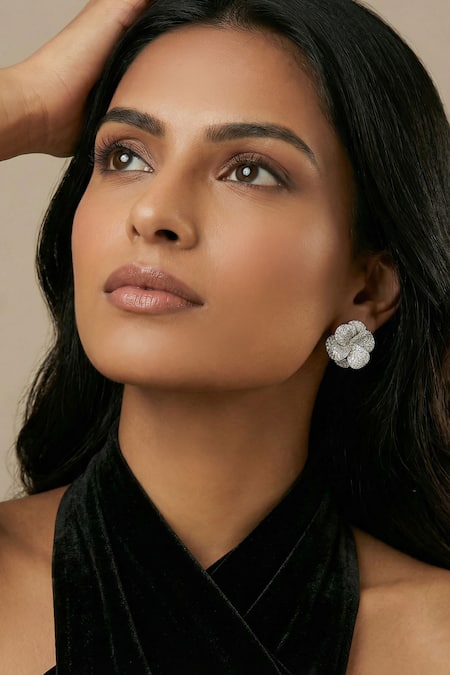 Prihan Luxury Jewelry Floral Pave Silver Plated Stud Earrings 