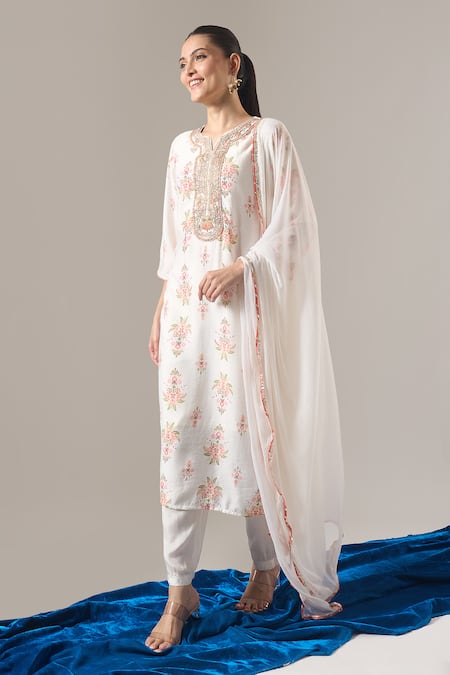 Shop_Samyukta Singhania_Ivory Chanderi Silk, Shantoon, Chiffon Embroidery, Floral Print Kurta Pant Set _Online_at_Aza_Fashions
