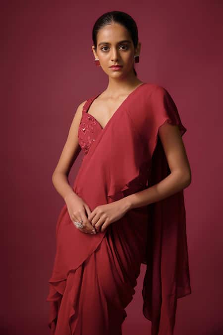 Mehak Murpana Red Georgette Ruffles, Embroidery Sweetheart Neck Pre-draped Saree With Corset Online at Aza Fashions Mehak Murpana_Red Georgette Ruffles, Embroidery Sweetheart Neck Pre-draped Saree With Corset _Online_at_Aza_Fashions