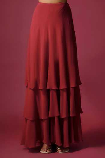 Mehak Murpana_Burgundy Georgette Embroidery, Beads Sweetheart Corset And Skirt Set With Dupatta _Online_at_Aza_Fashions